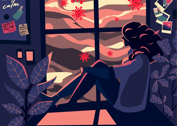 cartoon of woman looking out window