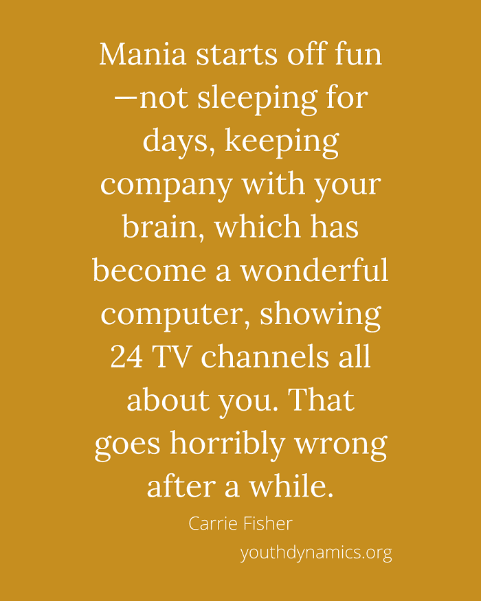 Quote 3 Mania starts off fun—not sleeping for days keeping company with your brain which has become a wonderful - 17 Quotes Illustrating Life with Bipolar Disorder