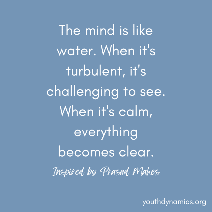 The mind is like water. When its turbulent its challenging to see. When its calm everything becomes clear.